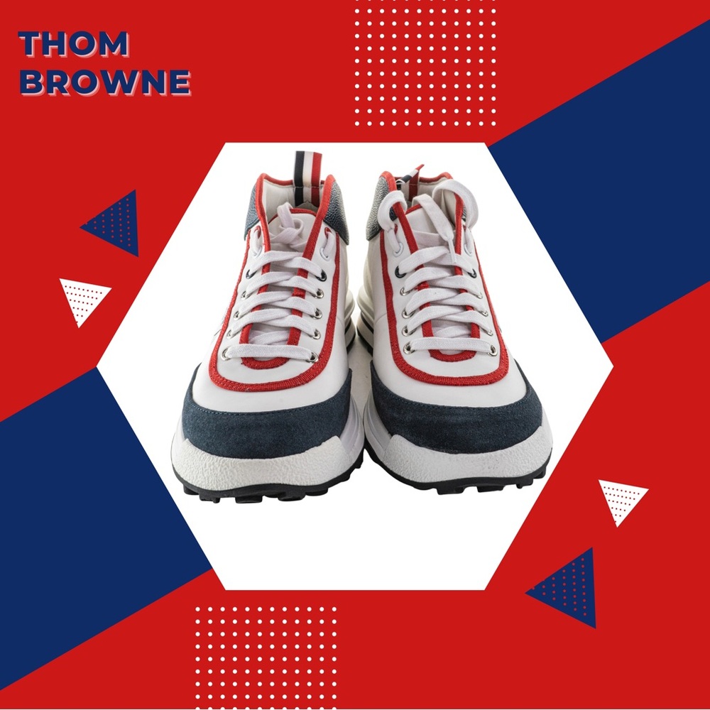 THOM BROWNE Mid-Top Rugby Trainer Men Sneaker, White/Red/Blue, Size 44 EU (11US)